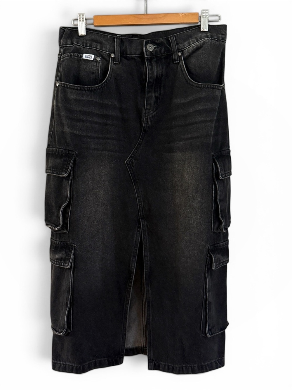 The Ragged Priest black denim cargo midi skirt front slit UK 12
